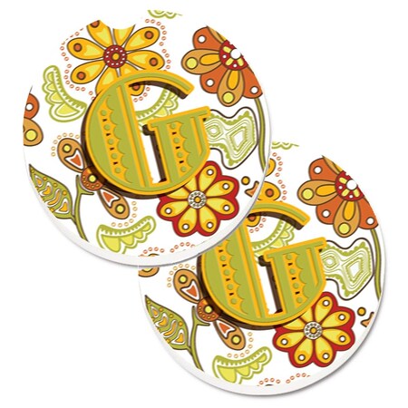 Carolines Treasures Letter G Floral Mustard and Green Set of 2 Cup Holder Car Coaster CJ2003-GCARC